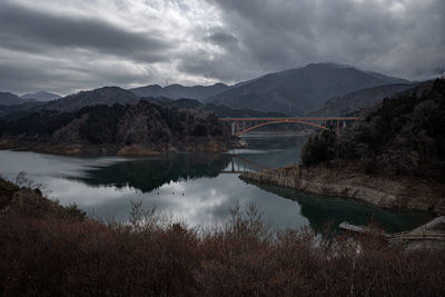 Scenic view of lake and mountains against sky