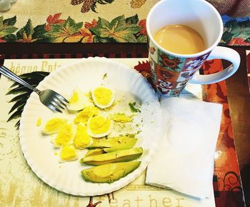 High angle view of breakfast served on table