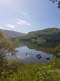 Scenic view of lake by mountains against sky