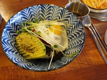 High angle view of food in plate on table