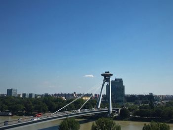 View of cityscape against clear blue sky