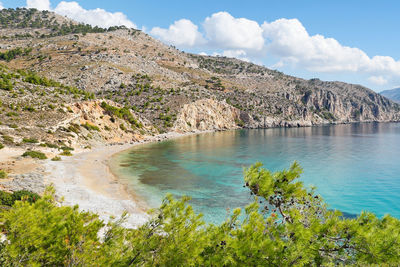 Scenic view of sea and mountains against sky