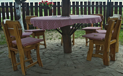 Empty chairs and tables in cafe