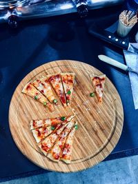 High angle view of pizza on table