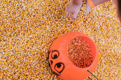 Close-up of jack o' lantern filled with corn