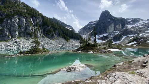 Panoramic view of lake and mountains against sky