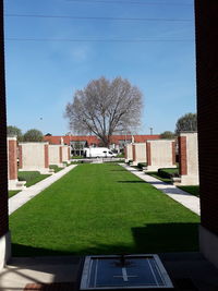 Lawn by building against sky