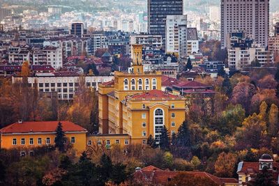 High angle view of buildings in city