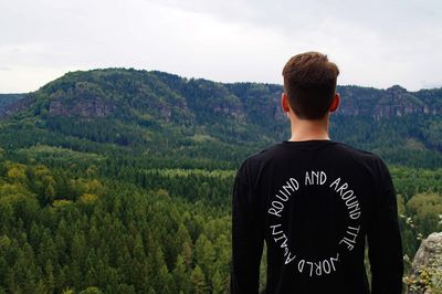 Rear view of man looking at mountains