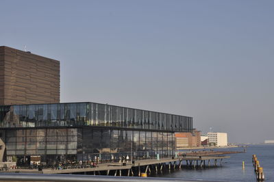 Buildings by sea against clear sky