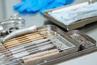 Close-up of dental equipment on table