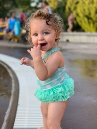 Close up of toddler at local splash pad