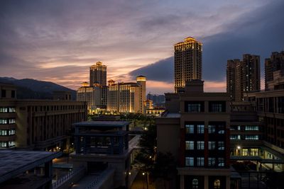 Modern buildings in city against sky at sunset