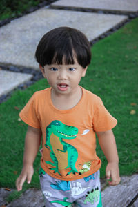 Portrait of cute boy standing on field