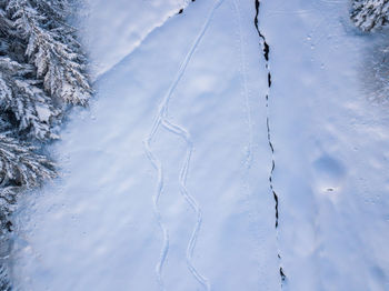 High angle view of snow covered field