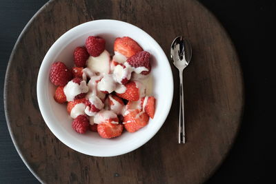 High angle view of breakfast in bowl on table