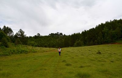 Rear view of man on field against sky