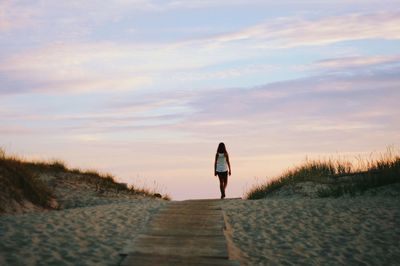 Rear view of woman walking on boardwalk against sky