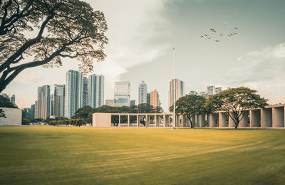 View of skyscraper buildings from afar