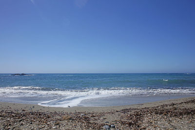 Scenic view of sea against clear blue sky