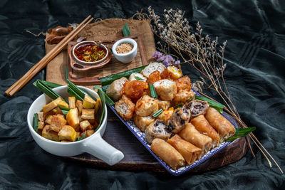 High angle view of food served on table