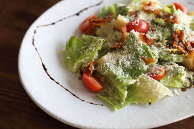 High angle view of salad in plate on table