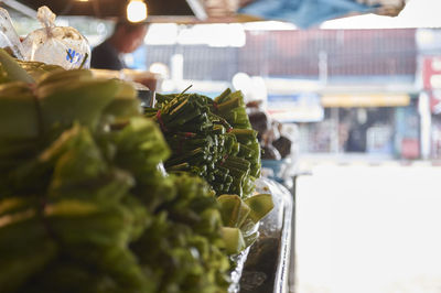 Leaf vegetables at market stall for sale