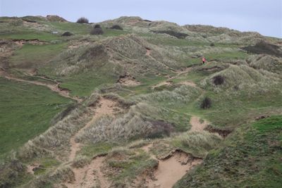 Scenic view of two people walking through sand dunes