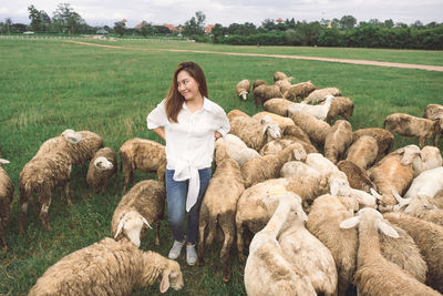 Woman standing by sheep on land