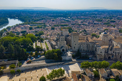 High angle view of buildings in city