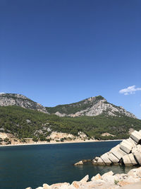 Scenic view of lake and mountains against clear blue sky