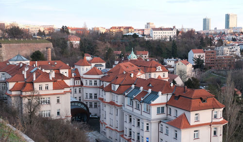 High angle view of buildings in city