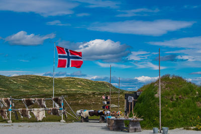 Flag on landscape against sky