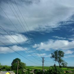 Low angle view of power lines against cloudy sky