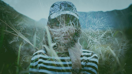 Multiple exposure girl and the mountain landscape in bromo tengger semeru national park