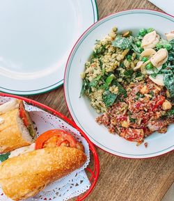 High angle view of breakfast served on table