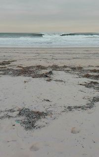 Scenic view of wet beach against sky