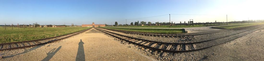 Panoramic view of railroad tracks and land
