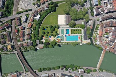High angle view of buildings in city