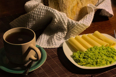 High angle view of breakfast on table