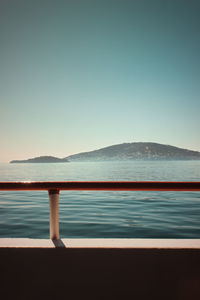 Swimming pool by sea against clear sky