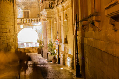 Alley amidst illuminated buildings in city