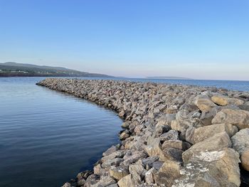 Scenic view of sea against clear blue sky