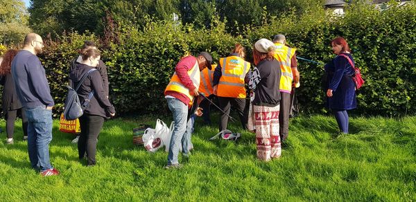 Rear view of people working on grassland