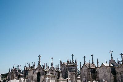 Low angle view of buildings against clear sky