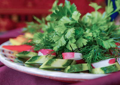 Close-up of chopped vegetables in plate