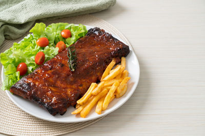 High angle view of food in plate on table