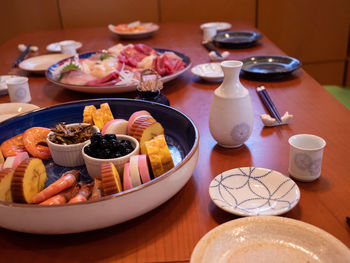 High angle view of breakfast served on table