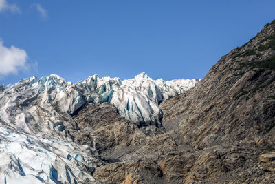 Low angle view of snowcapped mountain against sky