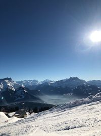 Scenic view of snowcapped mountains against clear sky